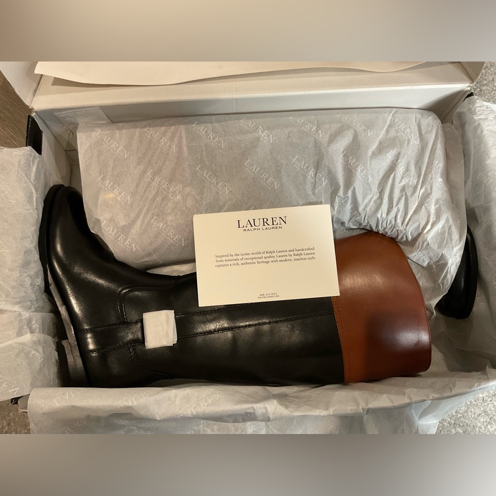 Lauren Ralph Lauren Berdie Leather Riding Boots – Black/Tan - Size 6 WIDE CALF - Picture 13 of 16
